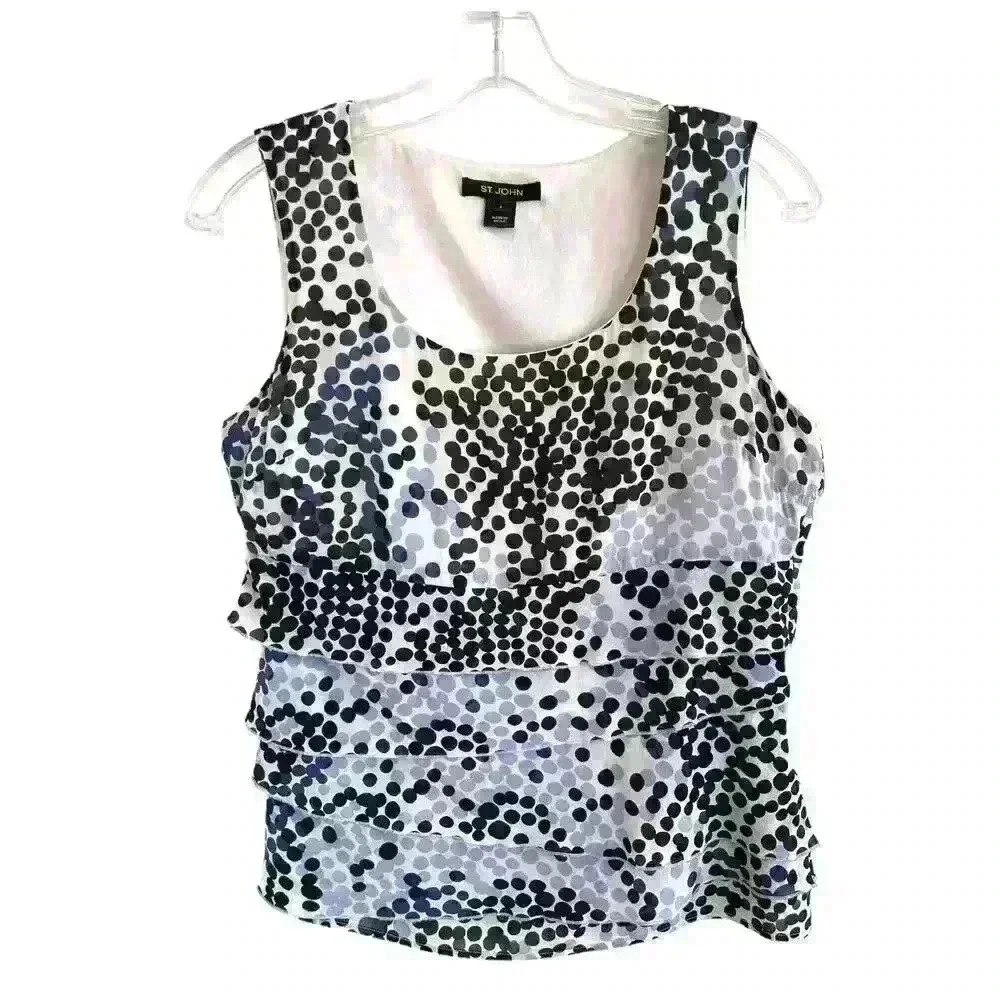 St John Sz 4 Silk Ruffle Dot Top White Black Dot Pattern Feminine Pretty Elegant